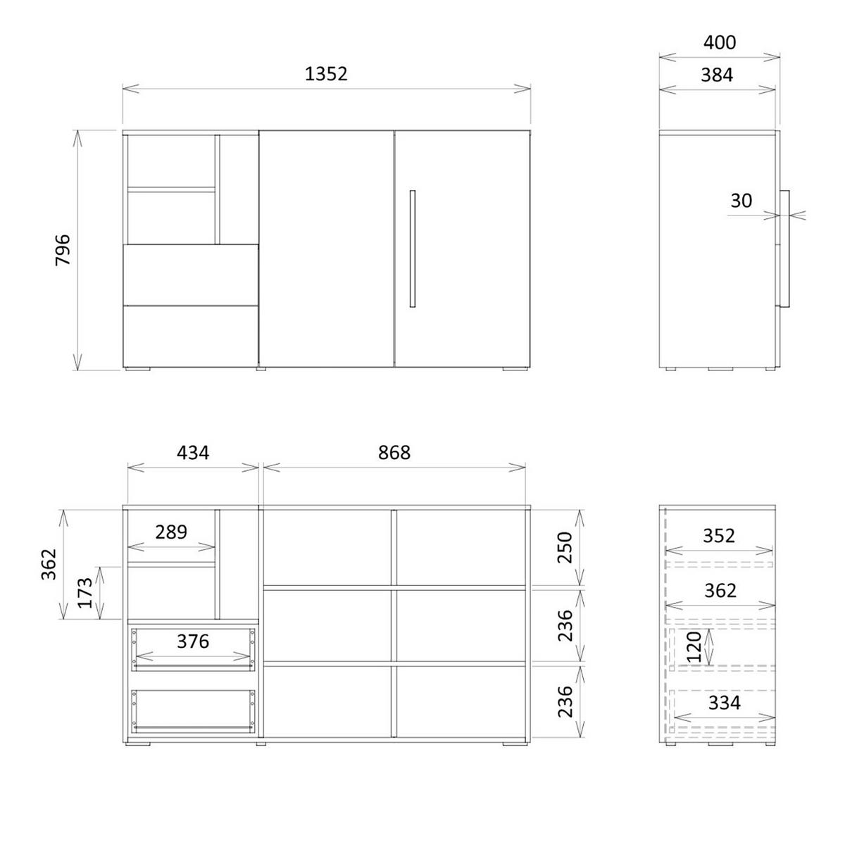 KOMMODE Largo mit 2 Türen, 2 Schubladen und offenen Fächern, 135 cm, für Jugendzimmer, Kaschmir/Frühlings-Eiche - Kaschmir/Eichefarben, Holzwerkstoff (135/80/40cm) - Beautysofa