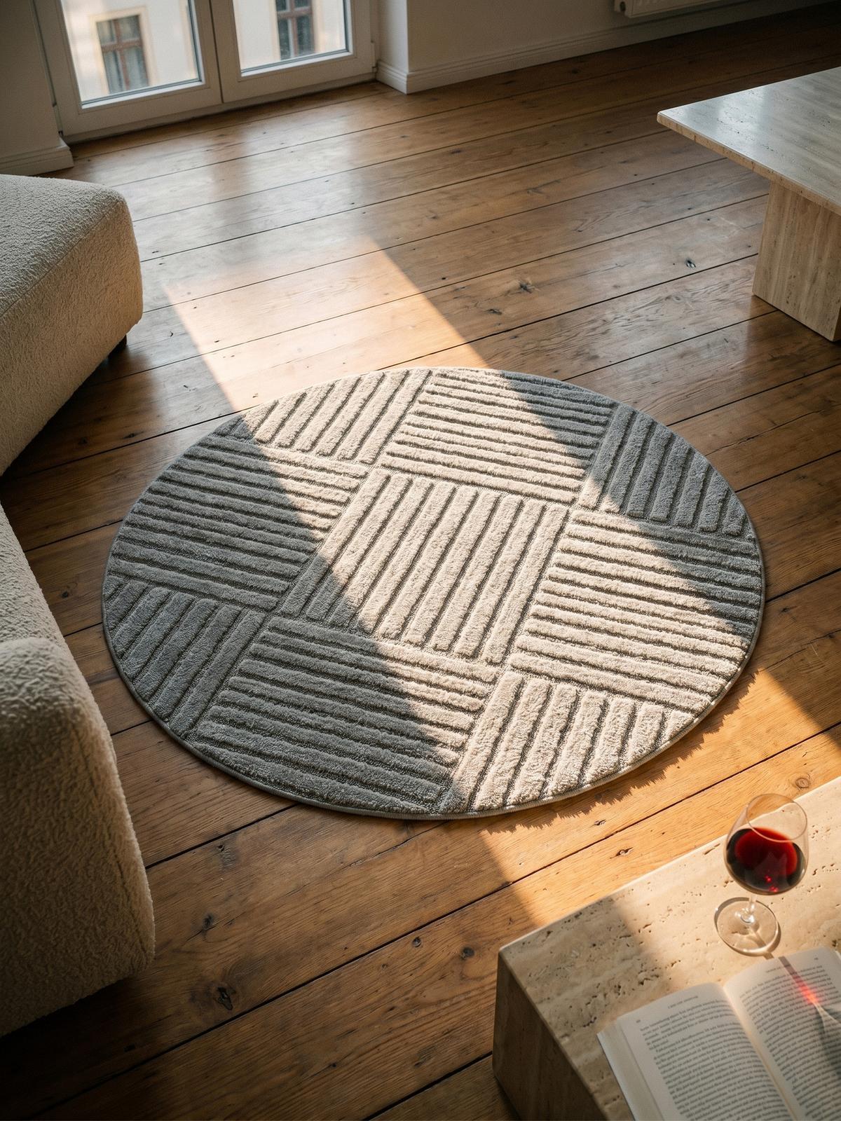 TEPPICH Hochflor RIGI in Silber, mit Cord-Streifen-Patchwork, Ø 80 cm - Silberfarben, Textil (80/80cm) - KADIMA DESIGN