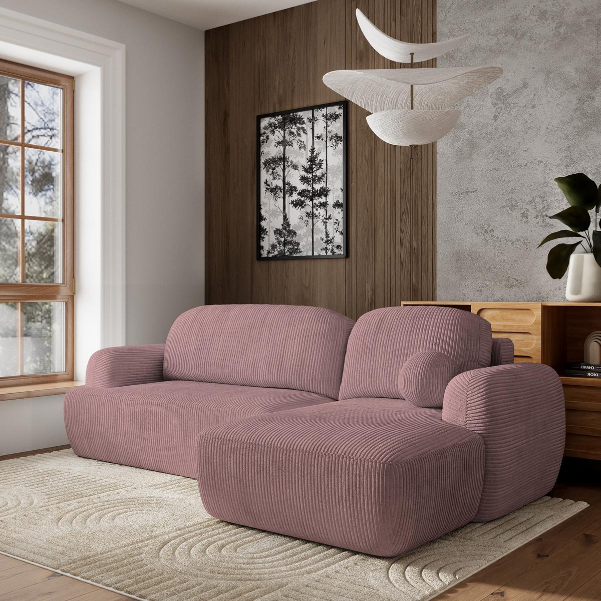 ECKSOFA MODENZA P R-S Lila Kordstoff mit Schlaffunktion - Lila/Schwarz, Holz/Kunststoff (266/148cm) - MASSENO