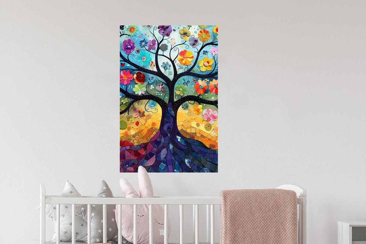 WANDTATTOO Kunst - Baum des Lebens - Blumen - Hippie Wandbild 40x60 cm - Dunkelblau, Kunststoff (40/60/0.1cm) - MuchoWow
