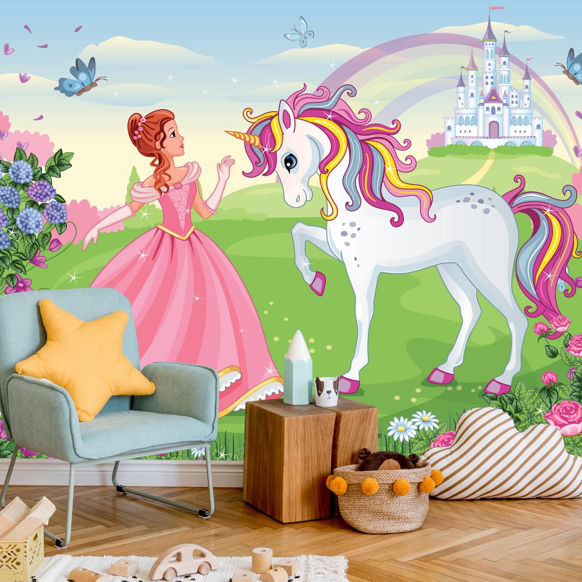 FOTOTAPETE für Kinderzimmer Prinzessin Einhorn Schloss Blumen 250x175 - Blau/Gelb, Papier (250/175cm) - Muralo