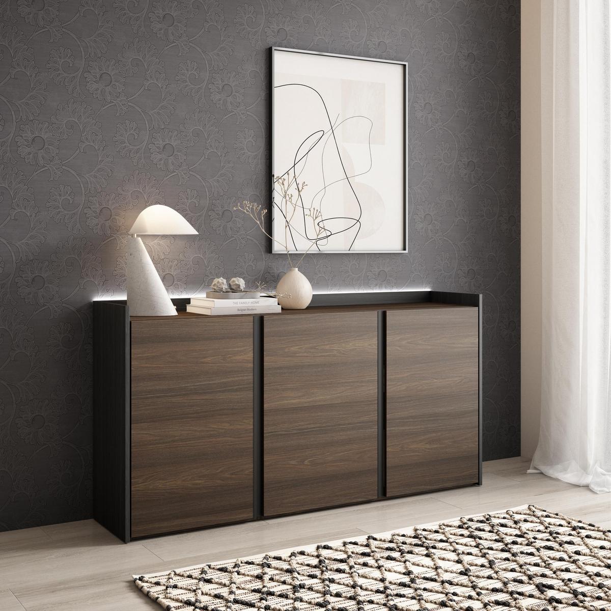 SIDEBOARD, Dunkler Eiche und Schwarz, 156/35/80cm, mit Led - Dunkelbraun, Holzwerkstoff (156/80/35cm) - Skraut Home