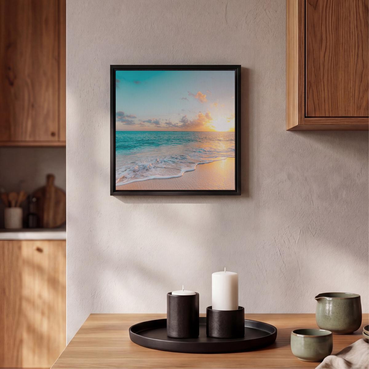 LEINWAND Bilder mit Rahmen - Sonnenuntergang - Strand - Meer - Sommer - Blau - 20x20 - Multicolor, Textil (20/20cm) - MuchoWow