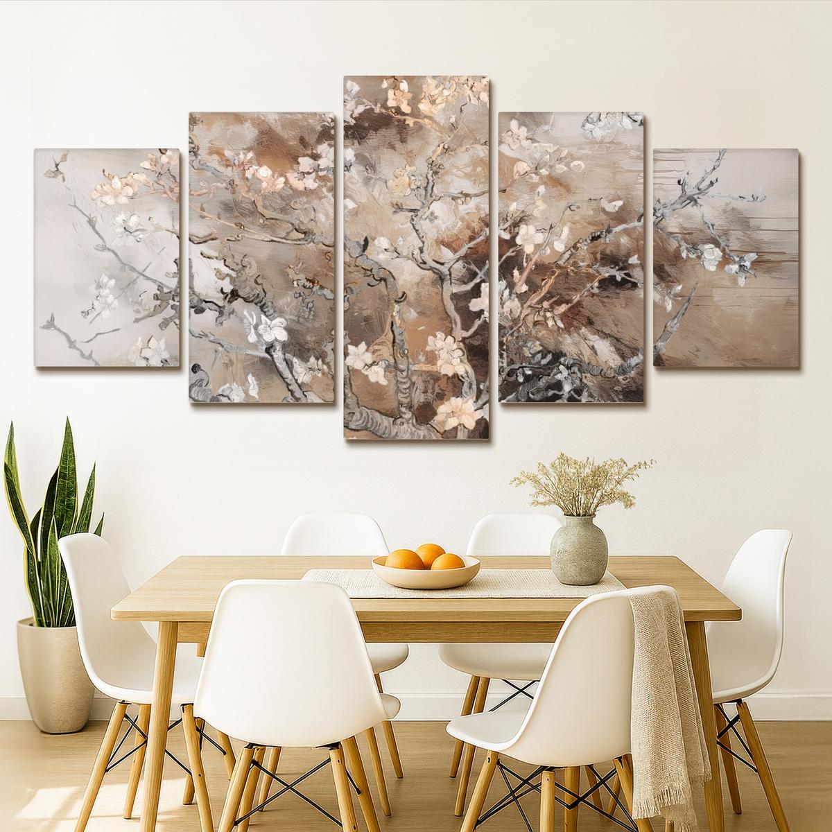 LEINWANDBILD 5er Set Mandelblüte - Abstrakt - Beige 200x100 cm - Beige, Textil (200/100cm) - MuchoWow
