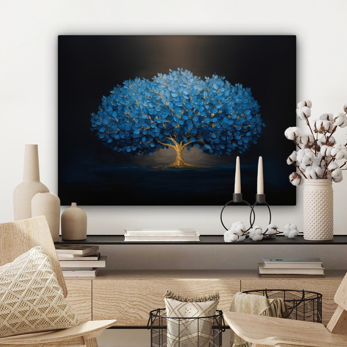 LEINWANDBILD Baum - Blau - Blätter - Pinselstriche Wandbilder 80x60 cm - Blau, Textil (80/60cm) - MuchoWow