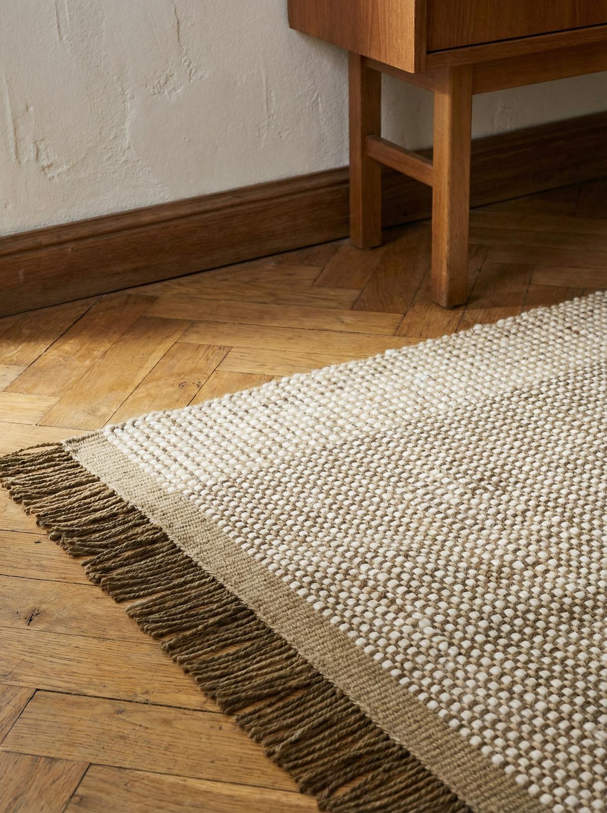 WOLLTEPPICH handgewebt mit Fransen PISA, geometrisch, Olivgrün, 160 x 230 cm - Beige, Textil (230/160cm) - KADIMA DESIGN