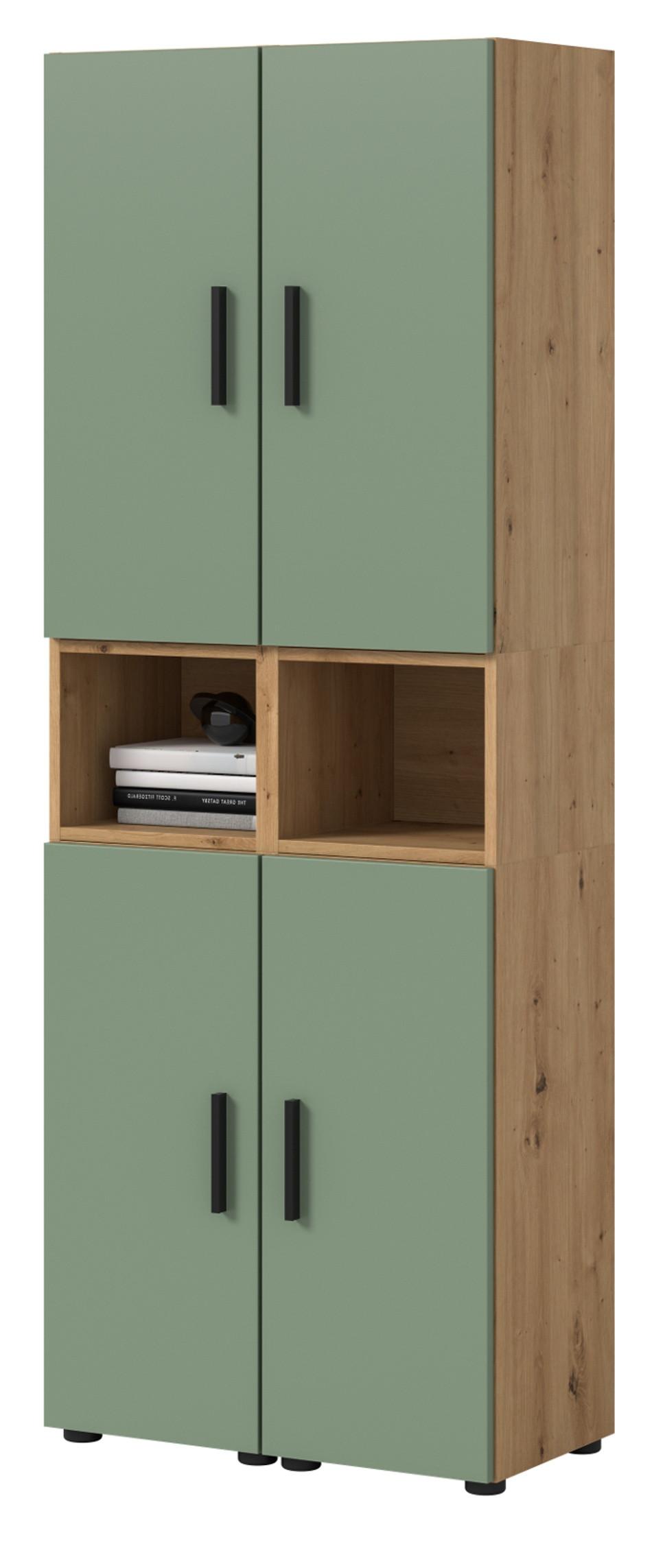 STAURAUMSCHRANK grün, Eiche Artisan 65 x 178 cm, Mehrzweckschrank mit viel Stauraum - Schwarz/Eiche Artisan, Holzwerkstoff/Kunststoff (65/178/34cm) - Inn.Furn