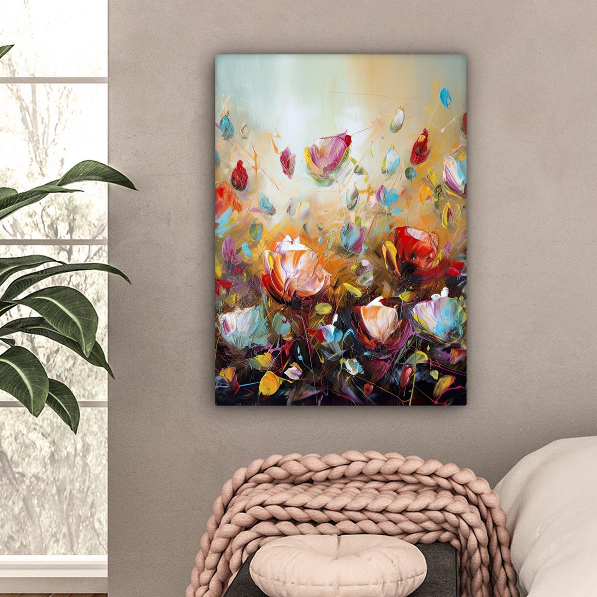 LEINWANDBILD Blumen - Kunst - Natur - Ölgemälde Wandbild Wohnzimmer 60x80 cm - Multicolor, Textil (60/80cm) - MuchoWow