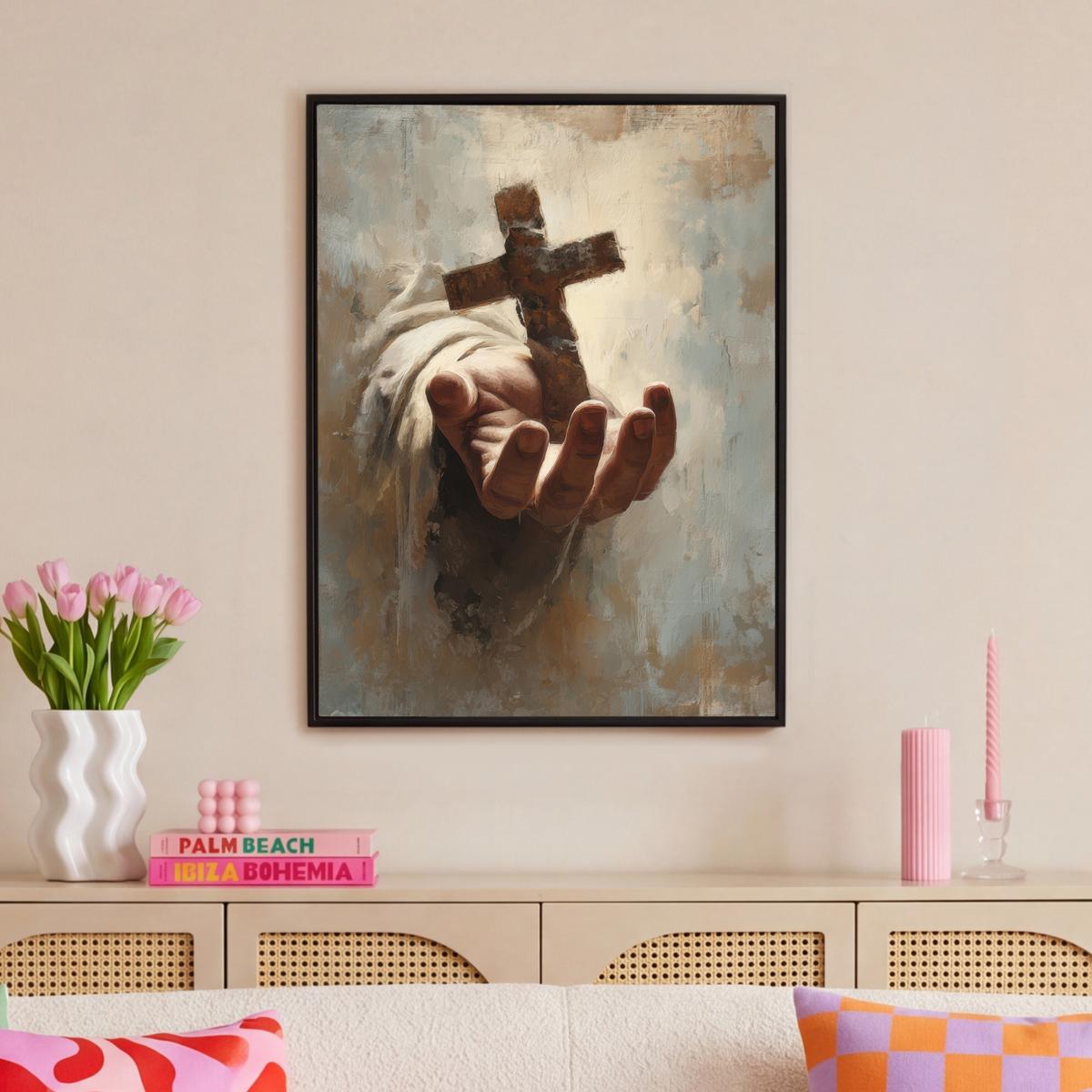 LEINWAND Bilder mit Rahmen - Abstrakt - Kreuz - Hand - Christentum - 70x100 - Hellbraun, Textil (70/100cm) - MuchoWow