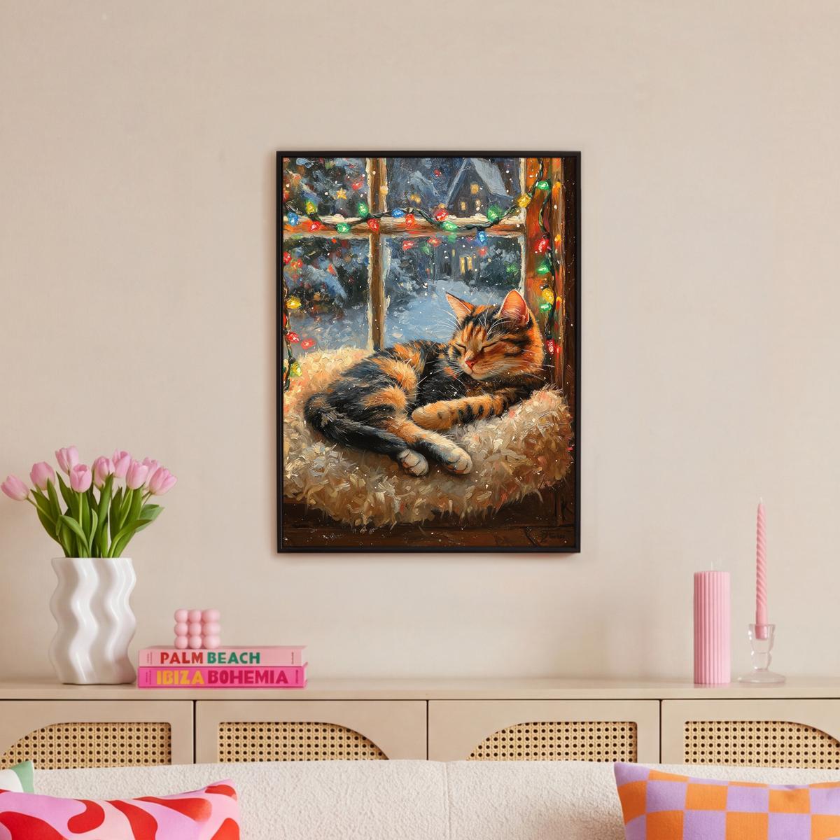 LEINWAND Bilder mit Rahmen - Katze - Weihnachten - Winter - Tier - 60x80 - Bernsteinfarben, Textil (60/80cm) - MuchoWow
