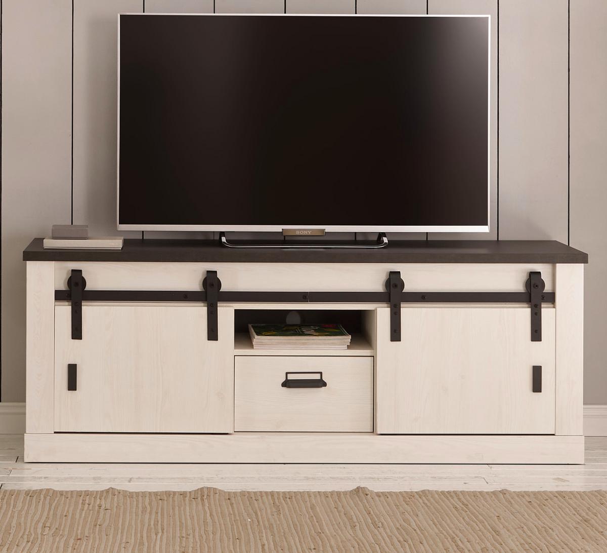 TV-LOWBOARD weiß Pinie, anthrazit, Landhaus, TV Unterteil Komforthöhe 162 x 61 cm - Anthrazit/Weiß, Holzwerkstoff/Metall (162/61/43cm) - Furn.Design