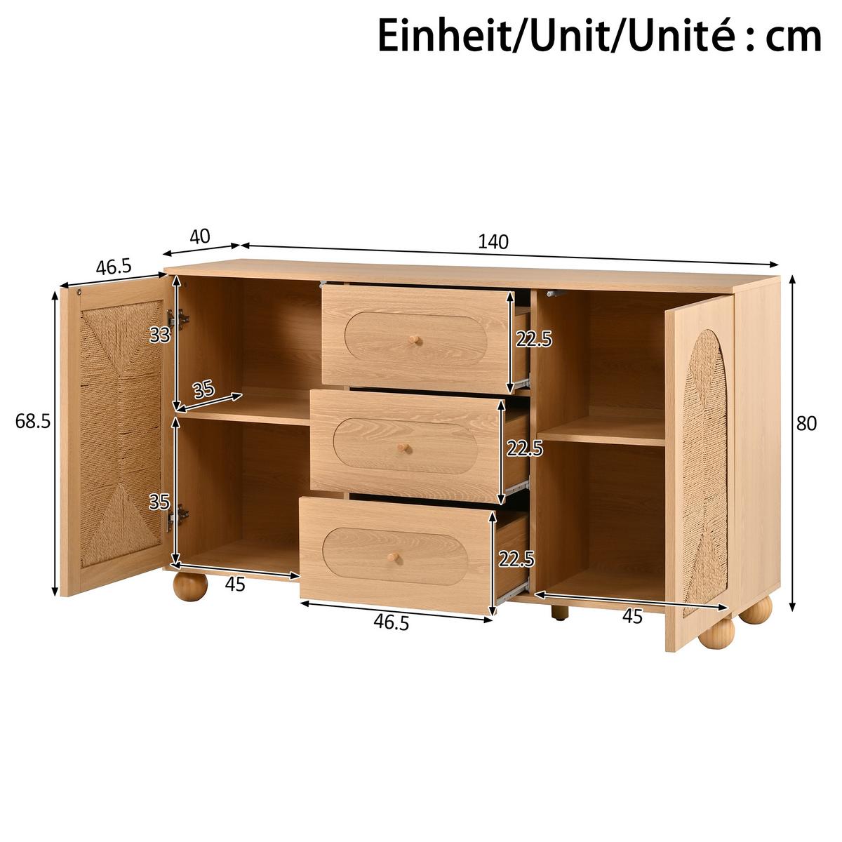 SIDEBOARD Naturholzoptik 140cm mit Seilgeflecht 2 Türen & 3 Schubladen - Naturfarben, Holzwerkstoff (140/80/40cm) - Urban Meuble
