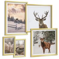 BILDER SET 5er Set - 50x50 cm & 20x30 cm & 40x60 cm Goldrahmen - Winterlandschaft mit Hirschen - Goldfarben, Kunststoff (40/60cm) - TULUP