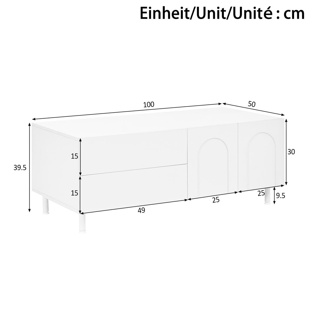 COUCHTISCH Weiß Rechteckig mit 2 Schubladen & Bogen-Türen - Weiß, Holzwerkstoff (50/100/39.5cm) - Urban Meuble