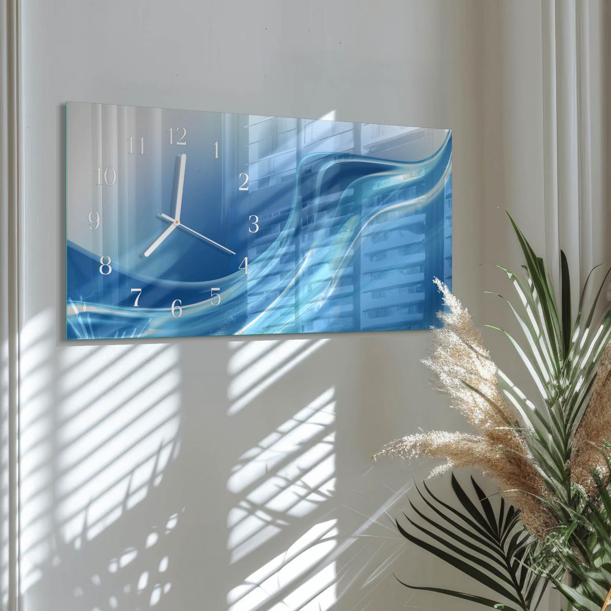WANDUHR aus Glas 60x30 cm - Blaue Wellen - Blau, Glas (60/30/0.4cm) - TULUP