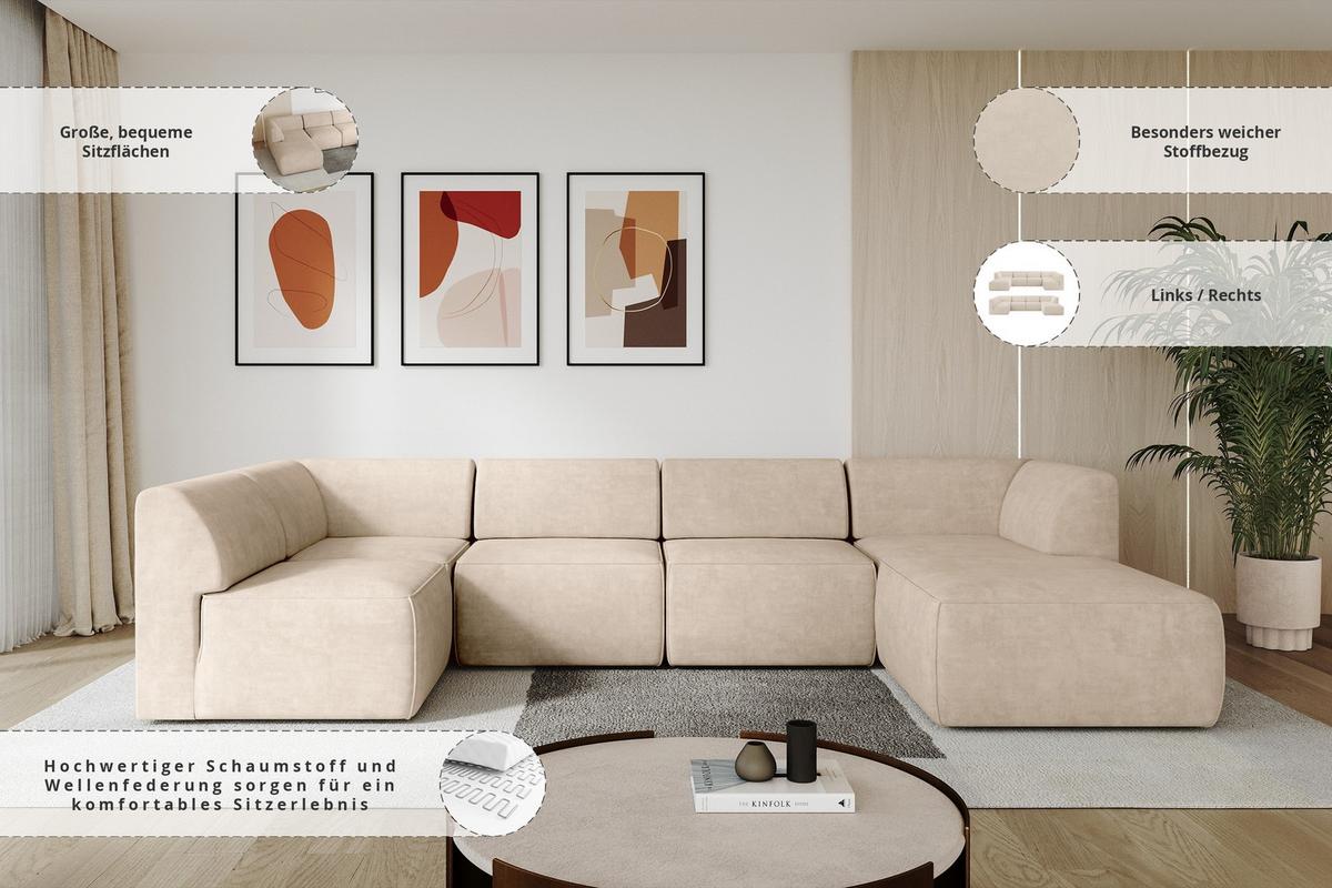 WOHNLANDSCHAFT Ottomane Rechts MOVO-L 345x180x78 cm Beige Velours - Mokka, Holzwerkstoff/Kunststoff (180/78/345cm) - ALTDECOR