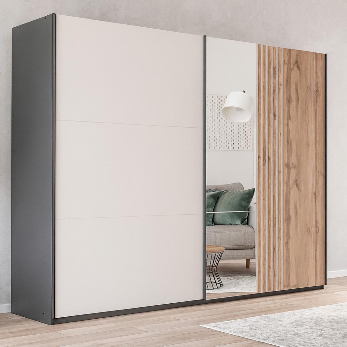 SCHWEBETÜRENSCHRANK Evia mit 2 Türen und Spiegel, 250 cm - Eiche Wotan/Schwarz, Holzwerkstoff (250/215/65cm) - Beautysofa