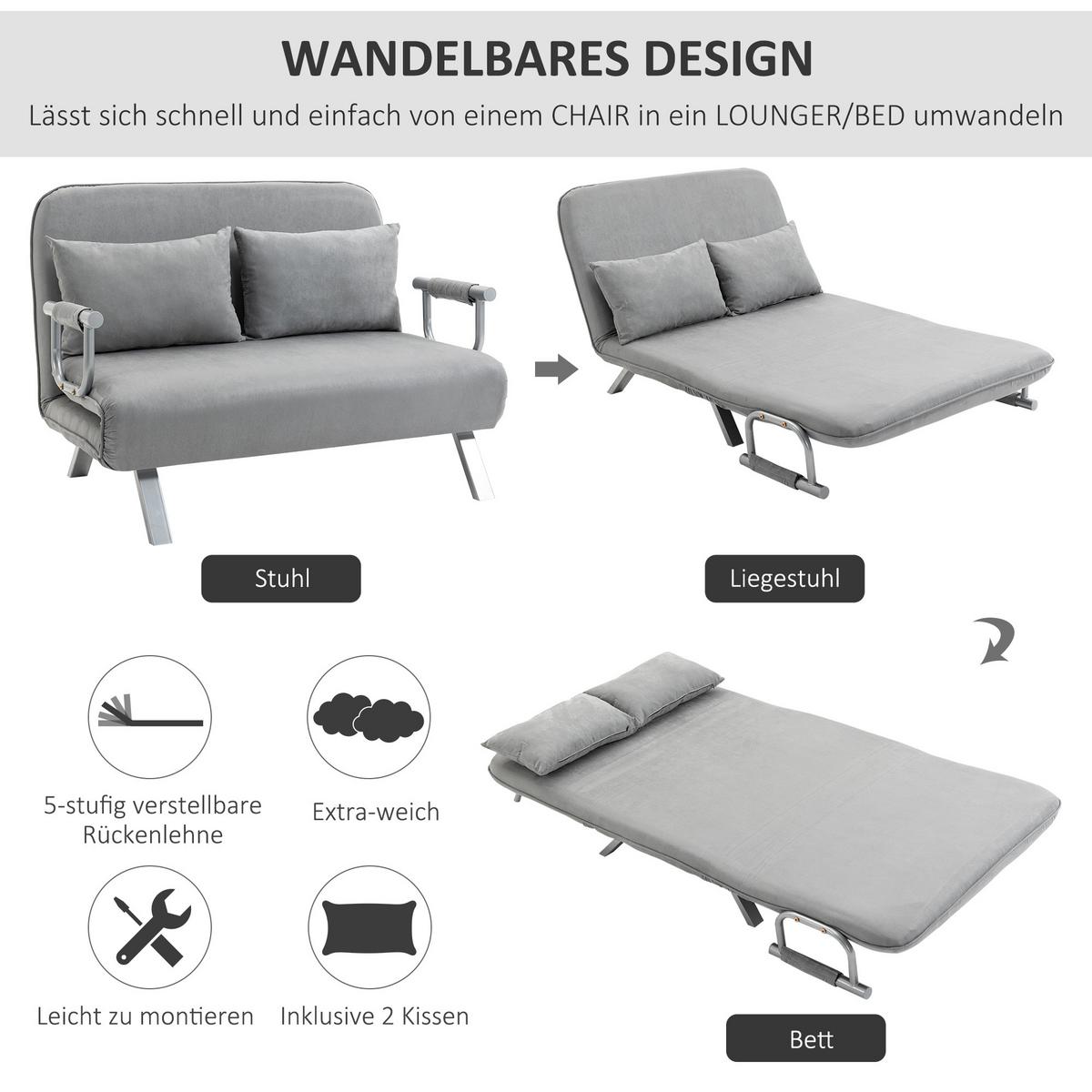 SCHLAFSOFA Zweisitzer mit Bettfunktion, Einzelbett mit Kissen, Samt, Hellgrau - Silberfarben/Hellgrau, Textil/Metall (80/78/111cm) - HOMCOM