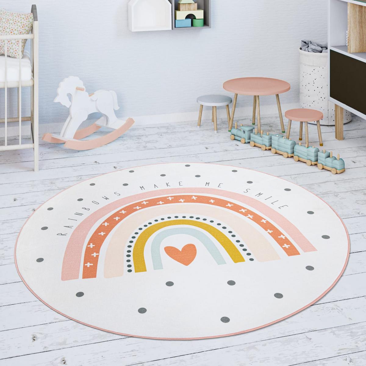 KINDERTEPPICH Waschbar, mit Regenbogen-Motiv, Creme, Ø 150 cm - Creme, Textil (150/150cm) - KADIMA DESIGN