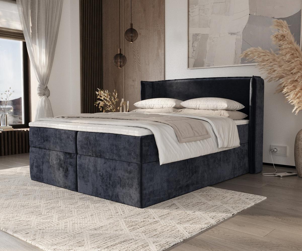 BOXBETT Viva 160/200 cm Marineblau im Lotta Stoff - Schwarz/Dunkelblau, Holz/Holzwerkstoff (160/200cm) - AltaBeds