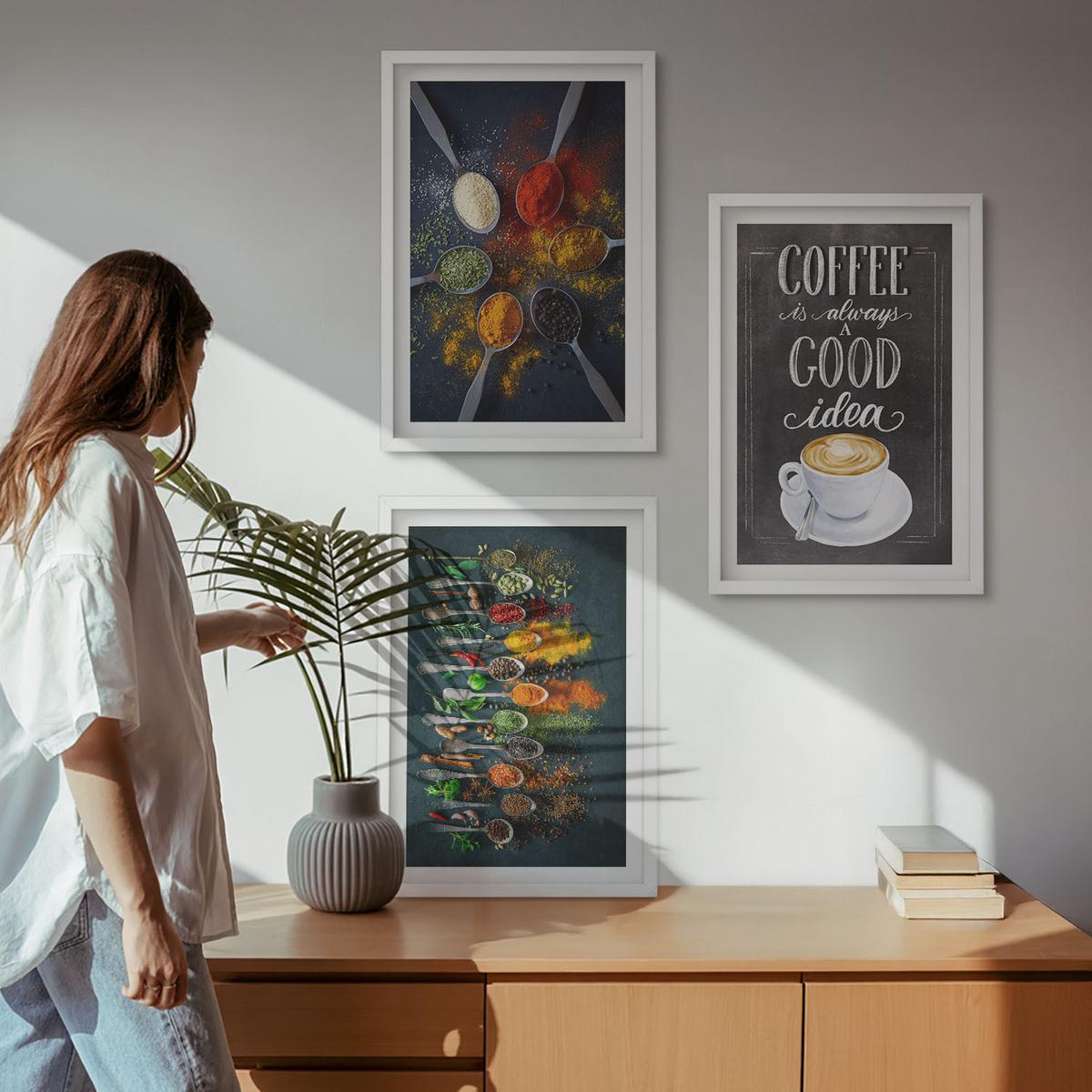 BILDER SET 3er Set - 40x60 cm Weißer Rahmen - Gewürze, Kaffee, Kräuter, Muster - Weiß, Kunststoff (40/60cm) - TULUP
