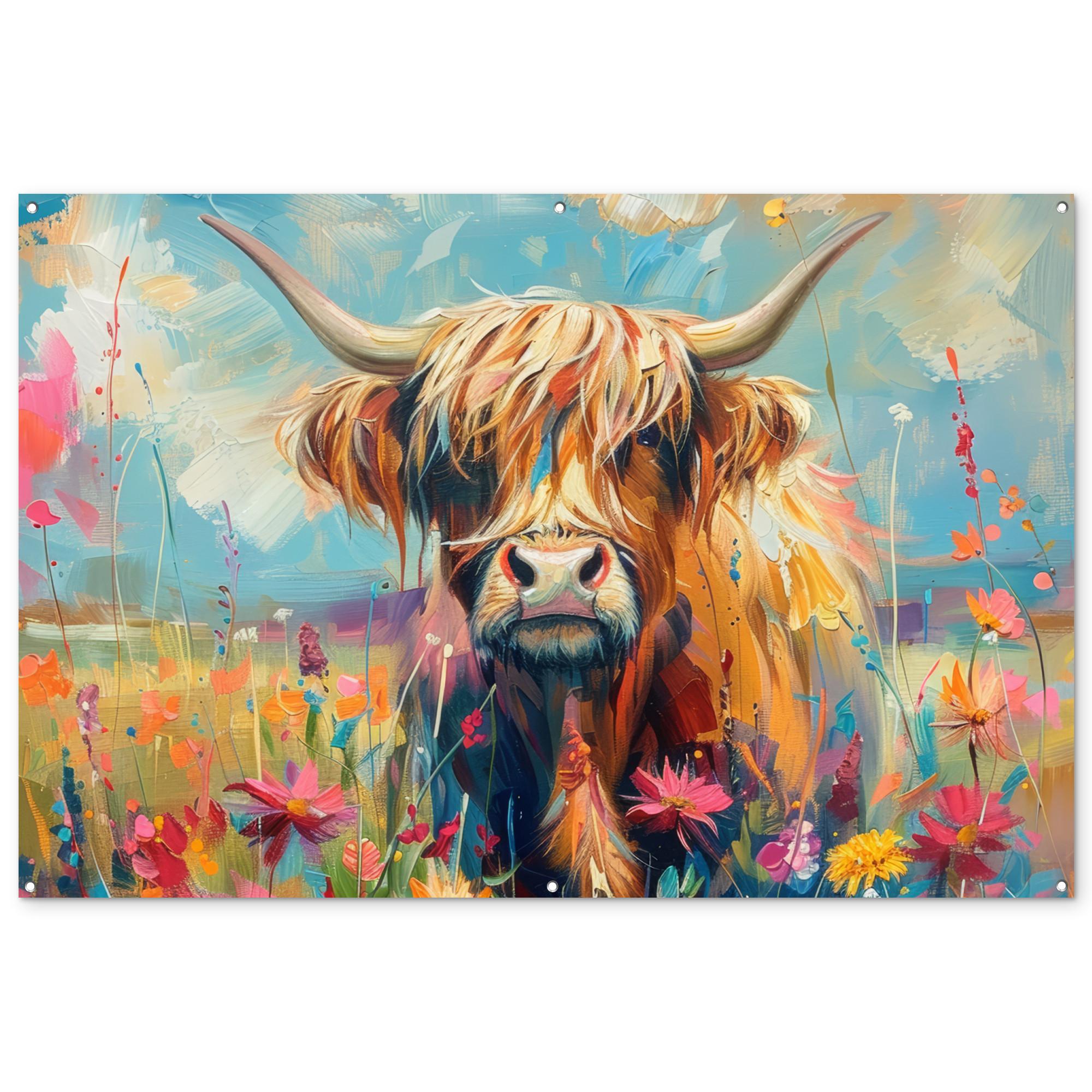 GARTENPOSTER Schottische Hochländer - Natur - Farbenfroh - Blumen Poster für draußen 180x120 cm - Hellblau, Kunststoff (180/120/0.2cm) - OnlyWow