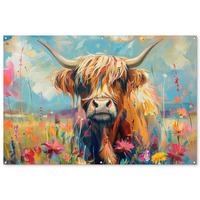 GARTENPOSTER Schottische Hochländer - Natur - Farbenfroh - Blumen Poster für draußen 180x120 cm - Hellblau, Kunststoff (180/120/0.2cm) - OnlyWow