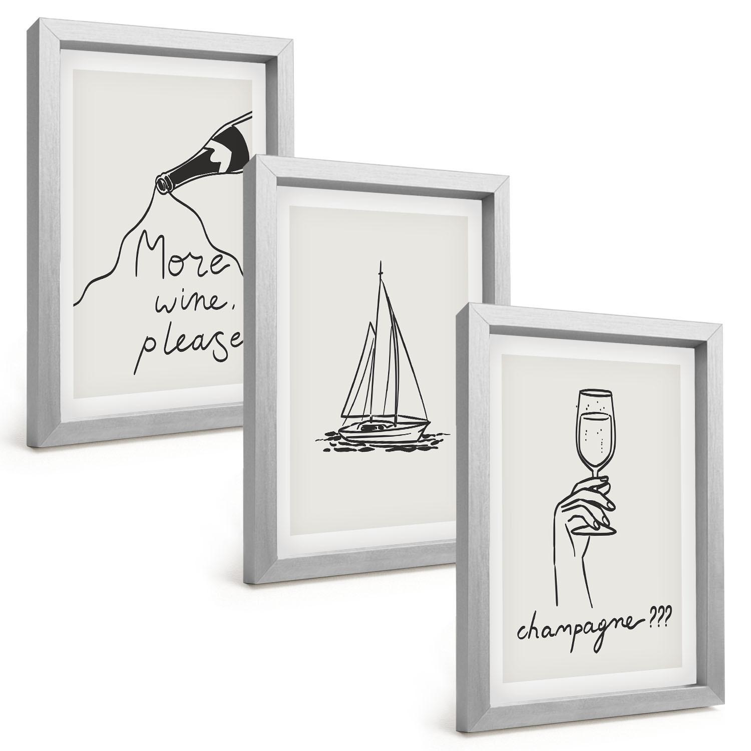 BILDER SET 3er Set - 20x30 cm Silberner Rahmen - Weinsegelboot-Glas-Linienzeichnung - Silberfarben, Kunststoff (20/30cm) - TULUP