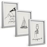 BILDER SET 3er Set - 20x30 cm Silberner Rahmen - Weinsegelboot-Glas-Linienzeichnung - Silberfarben, Kunststoff (20/30cm) - TULUP