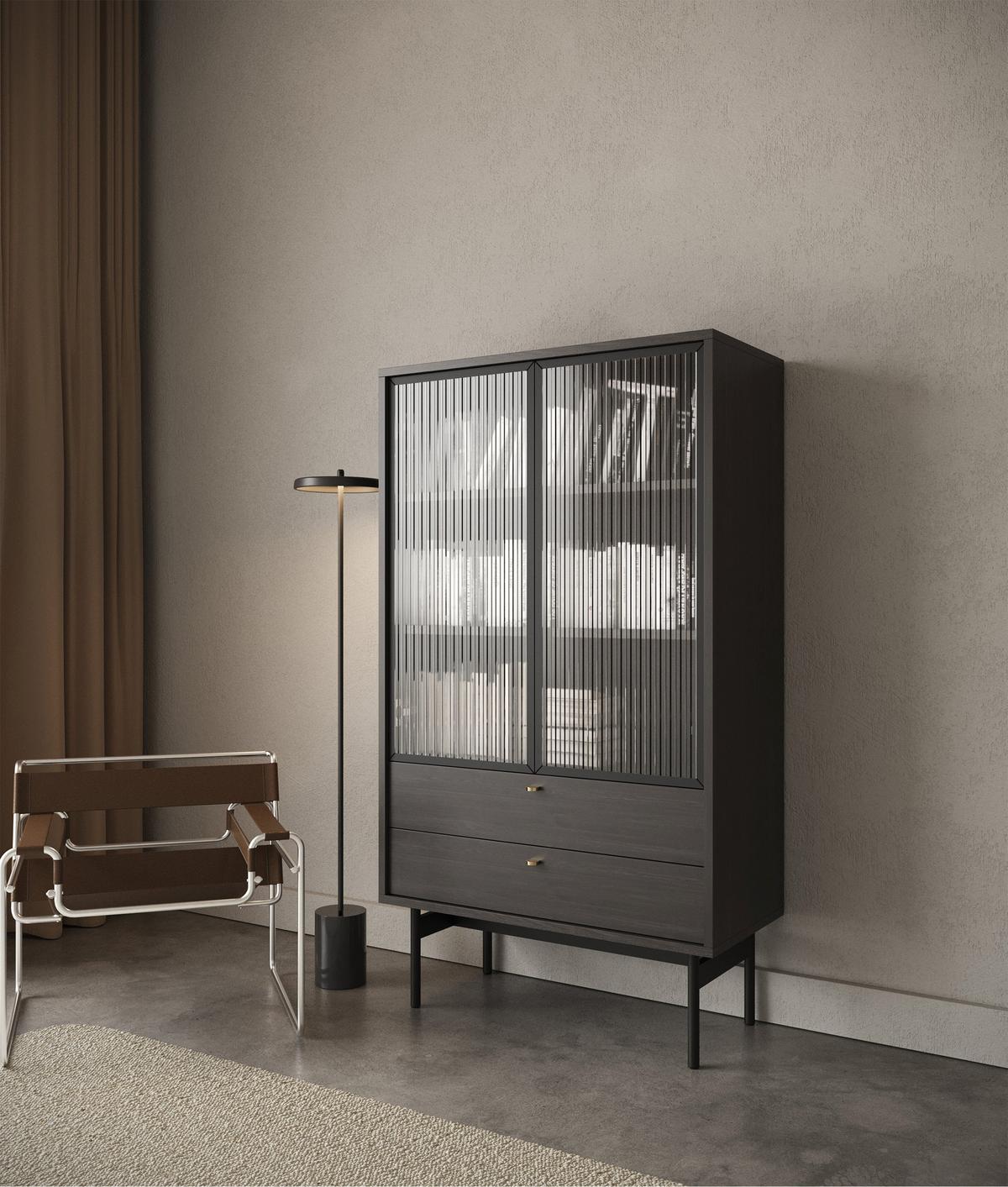 VITRINE Olar II Holzoptik Esche Portland Schwarz 85 cm - Goldfarben/Schwarz, Holzwerkstoff/Metall (85/150/41cm) - Selsey