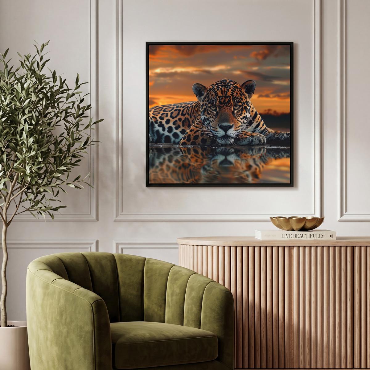 LEINWAND Bilder mit Rahmen - Natur - Leopard - Tier - Sonnenuntergang - Modern - 50x50 - Orange, Textil (50/50cm) - MuchoWow