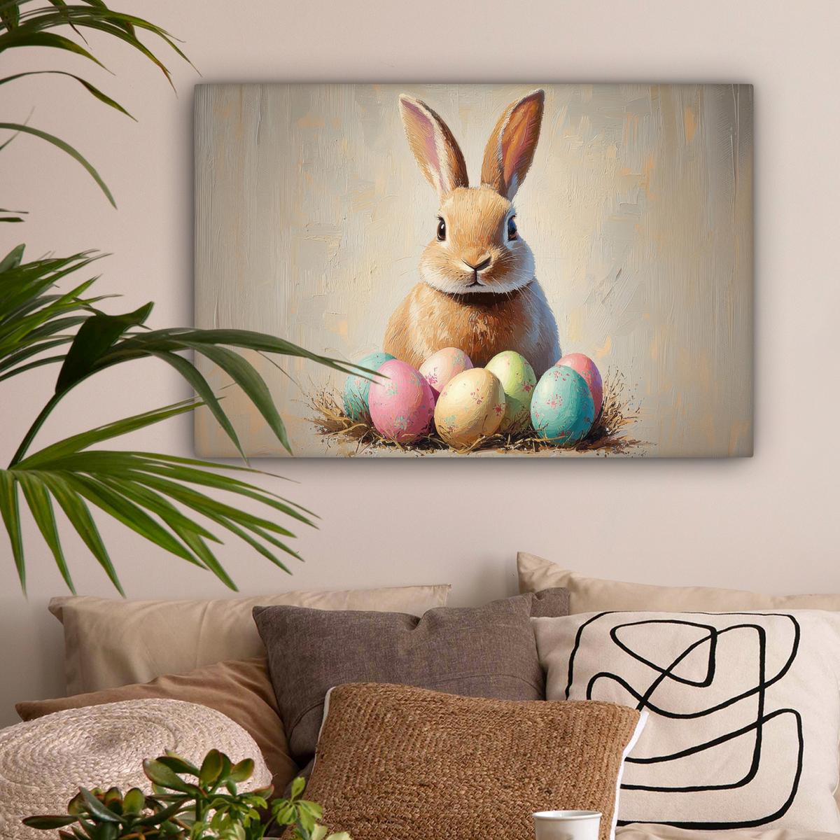 LEINWANDBILD Osterhase - Pastell - Eier Wanddeko 90x60 cm - Beige, Textil (90/60cm) - MuchoWow