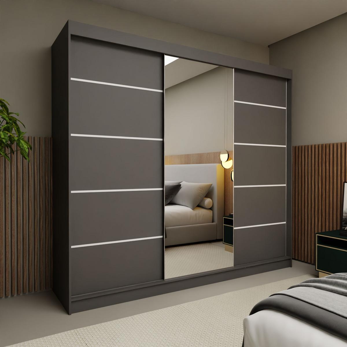 SCHWEBETÜRENSCHRANK MIRELLA 240/216/61 cm 3-türig mit Spiegel Grau - Grau, Holzwerkstoff (240/216/61cm) - MASSENO
