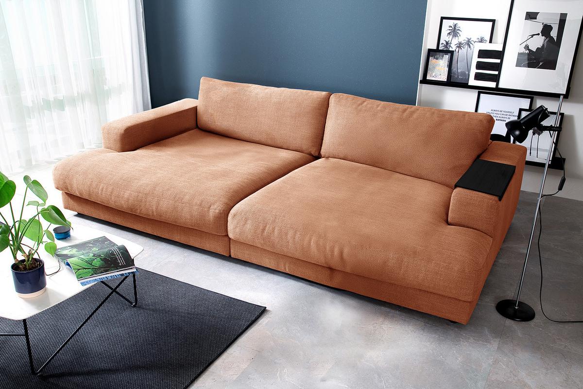 BIG SOFA XL MIT TABLETT MADELINE Braun Webstoff - Schwarz/Braun, Kunststoff/Textil (290/85/190cm) - KAWOLA