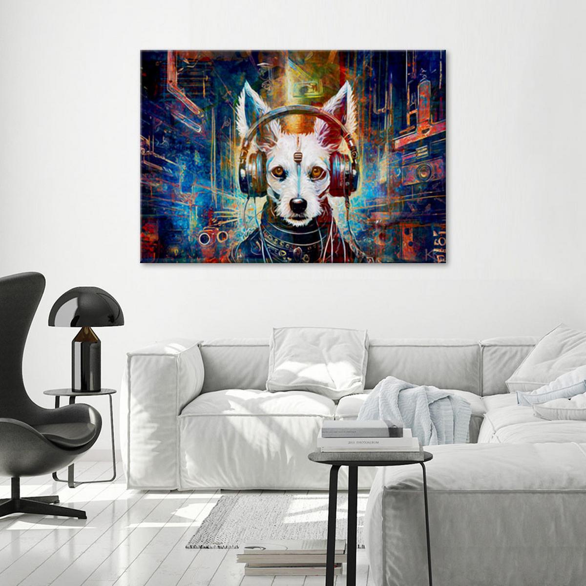LEINWANDBILD Hund im Kopfhörer Abstraktion 60x40cm - Multicolor, Textil (60/40cm) - Feeby