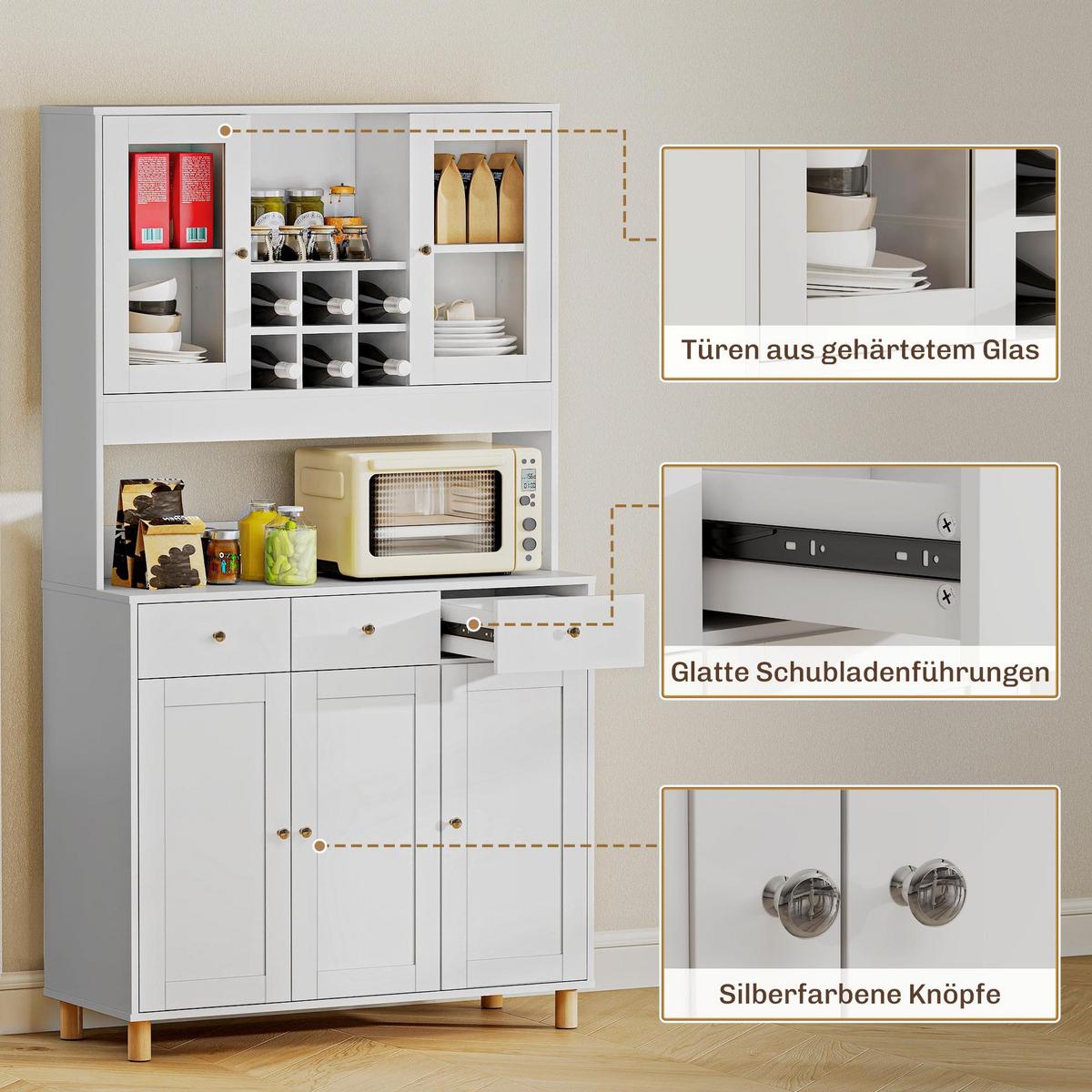 KÜCHENSCHRANK Spanplatte Hartglas Weiß - Silberfarben/Weiß, Holzwerkstoff/Metall (40/180/100cm) - HOMCOM