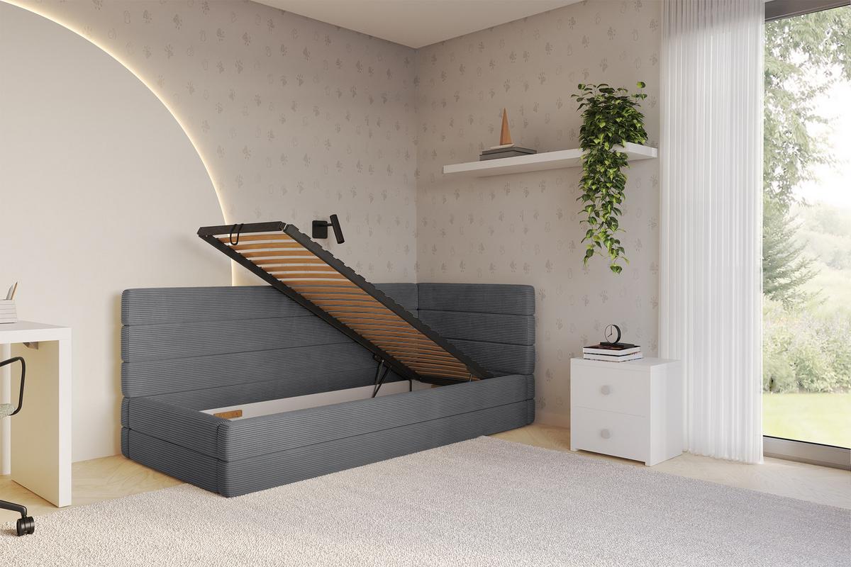 EINZELLBETT Jugendbett mit Bettkasten und Matratze H3/H4, Links - BEMY 100x200 Dunkelgrau - Graphitfarben, Holzwerkstoff/Textil (100/200cm) - ALTDECOR