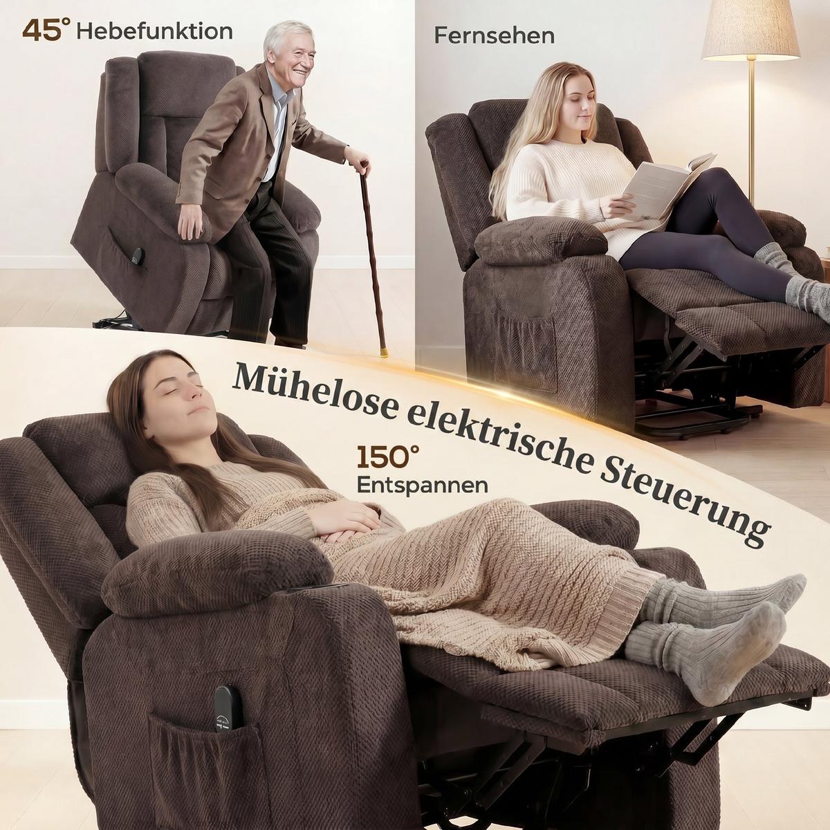 FERNSEHSESSEL-MIT-AUFSTEHHILFE Polyester Stahl Braun - Blau/Schwarz, Textil/Metall (92/105/94cm) - HOMCOM