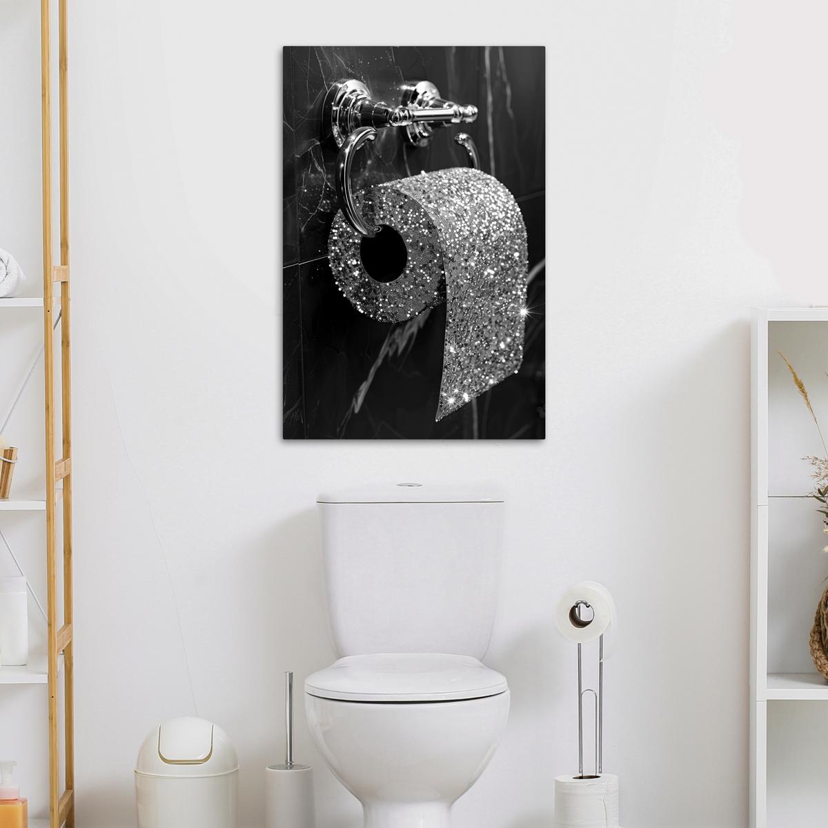 LEINWANDBILD WC - Toilettenpapier - Schwarz und weiß - Glitter Wanddeko Schlafzimmer 60x90 cm - Silberfarben, Textil (60/90cm) - MuchoWow