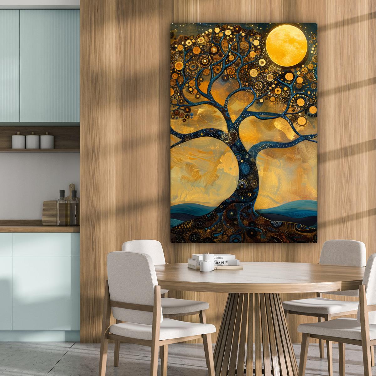 LEINWANDBILD Baum - Mond - Blumen - Gold - Kunst Deko XXL 80x120 cm - Orange, Textil (80/120cm) - MuchoWow