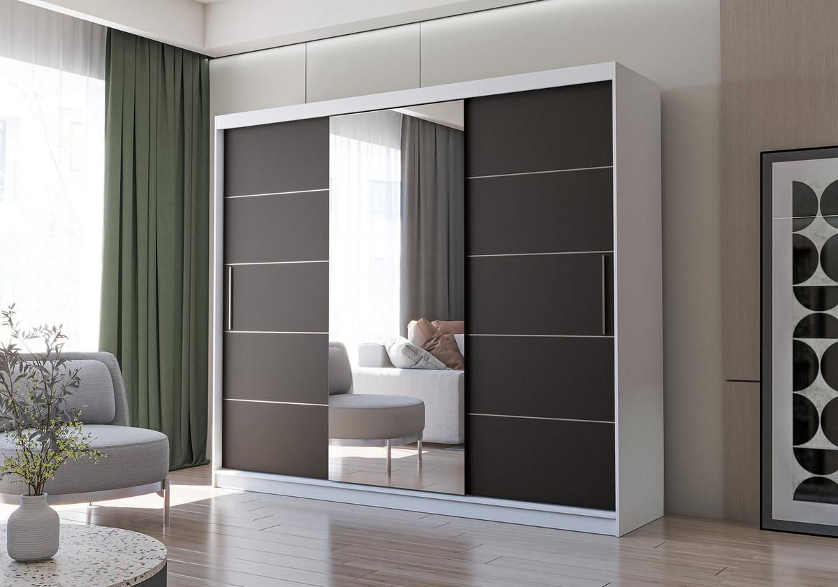SCHWEBETÜRENSCHRANK ALBA Weiß, Schwarz + Spiegel, ohne LED Beleuchtung 250 cm - Schwarz/Alufarben, Glas/Holzwerkstoff (250/218/61cm) - imoebel24