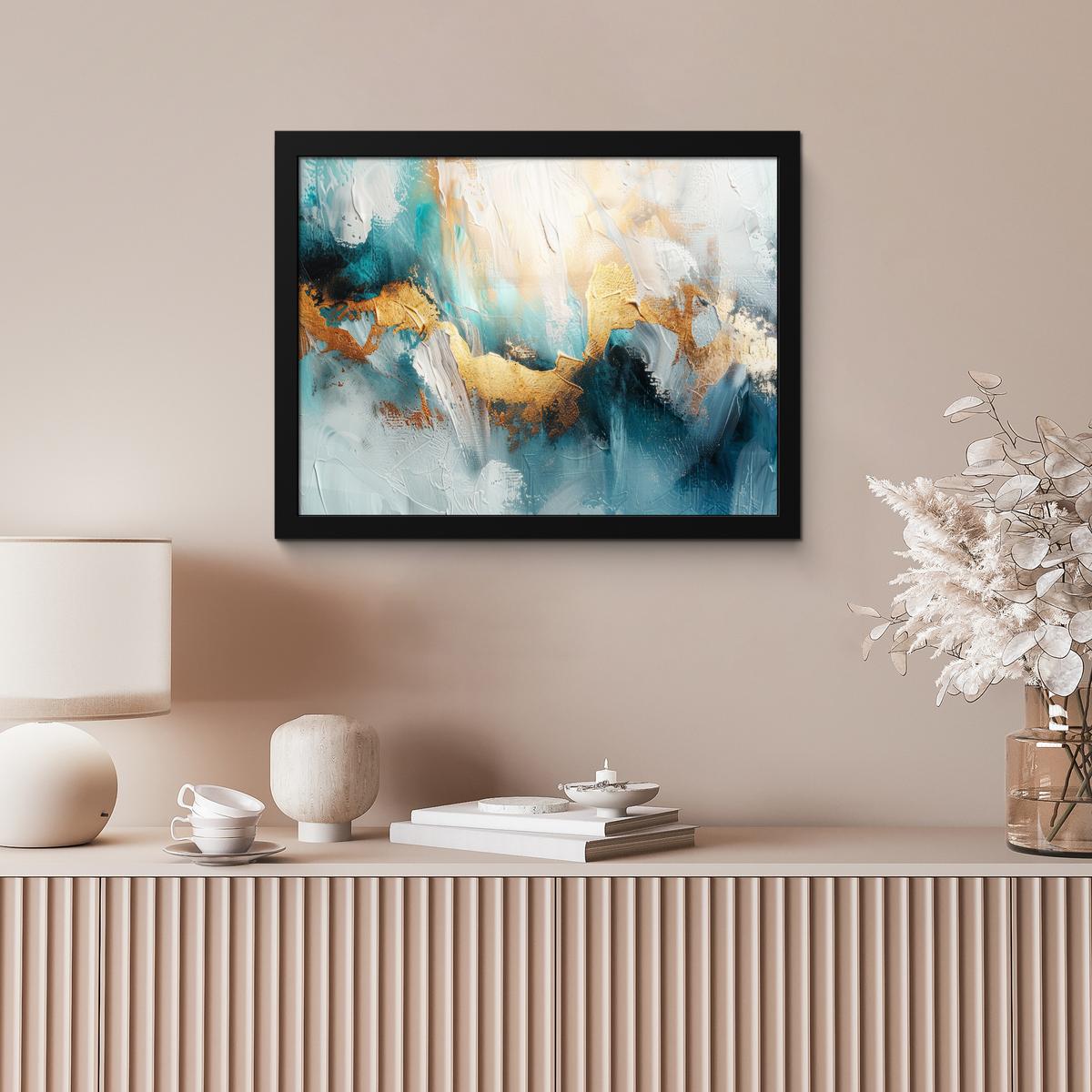 POSTER MIT RAHMENGERAHMTES BILD Abstrakt - Kunst - Gold - Blau 40x30 cm - Petrol, Papier (40/30cm) - MuchoWow