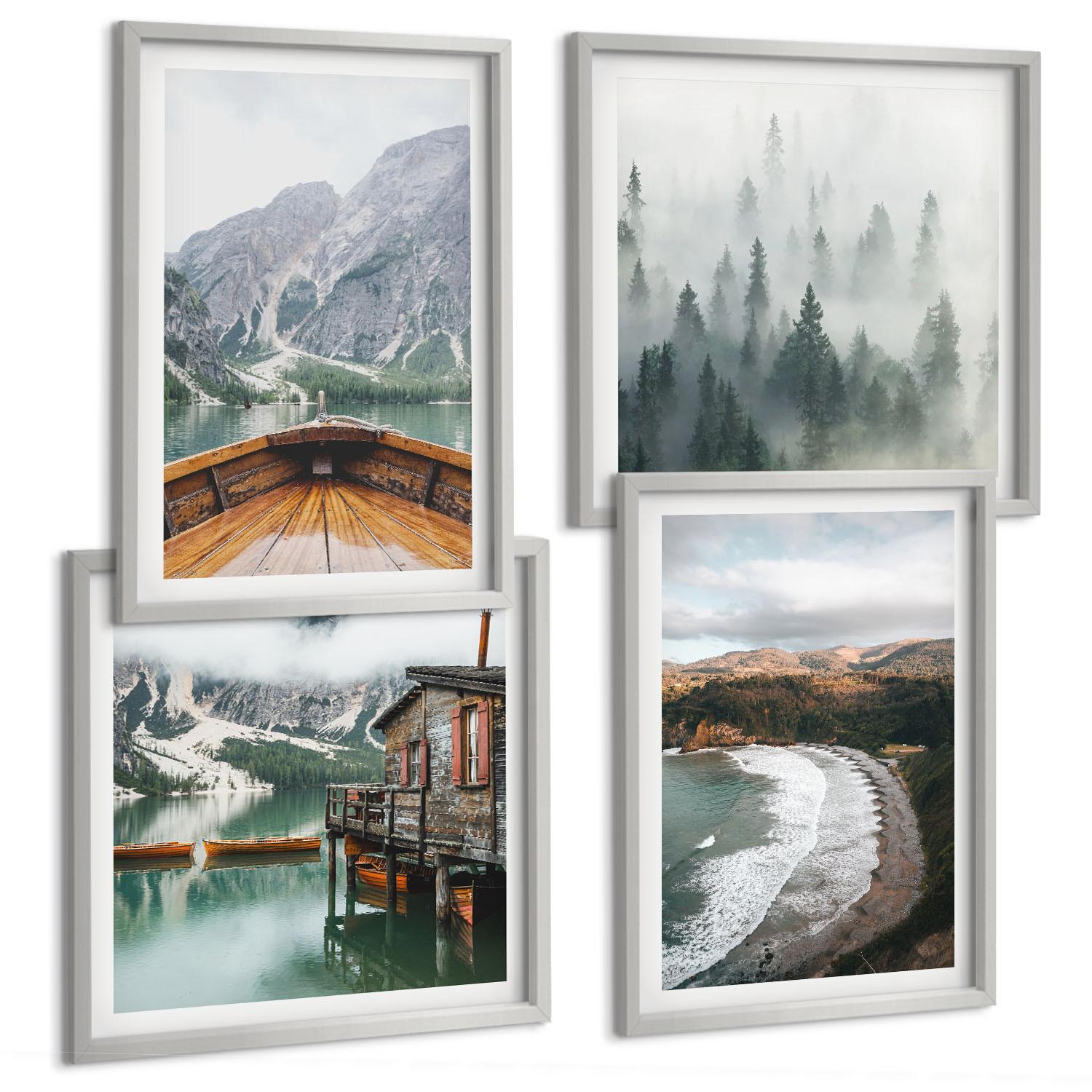 BILDER SET 4er Set - 50x50 cm & 40x60 cm Silberner Rahmen - Berge, See, Boot, Nebel, Strand - Silberfarben, Kunststoff (50/50cm) - TULUP