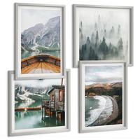 BILDER SET 4er Set - 50x50 cm & 40x60 cm Silberner Rahmen - Berge, See, Boot, Nebel, Strand - Silberfarben, Kunststoff (50/50cm) - TULUP