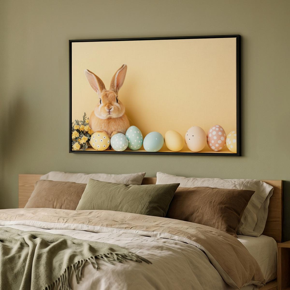 LEINWAND Bilder mit Rahmen - Eier - Kaninchen - Pastellfarbtöne - 90x60 - Hellgelb, Textil (90/60cm) - MuchoWow