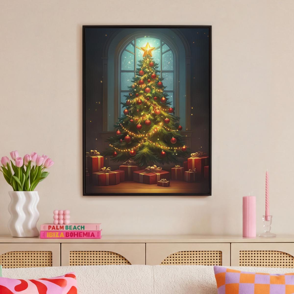 LEINWAND Bilder mit Rahmen - Weihnachtsbaum - Geschenk - Winter - 70x100 - Grün, Textil (70/100cm) - MuchoWow