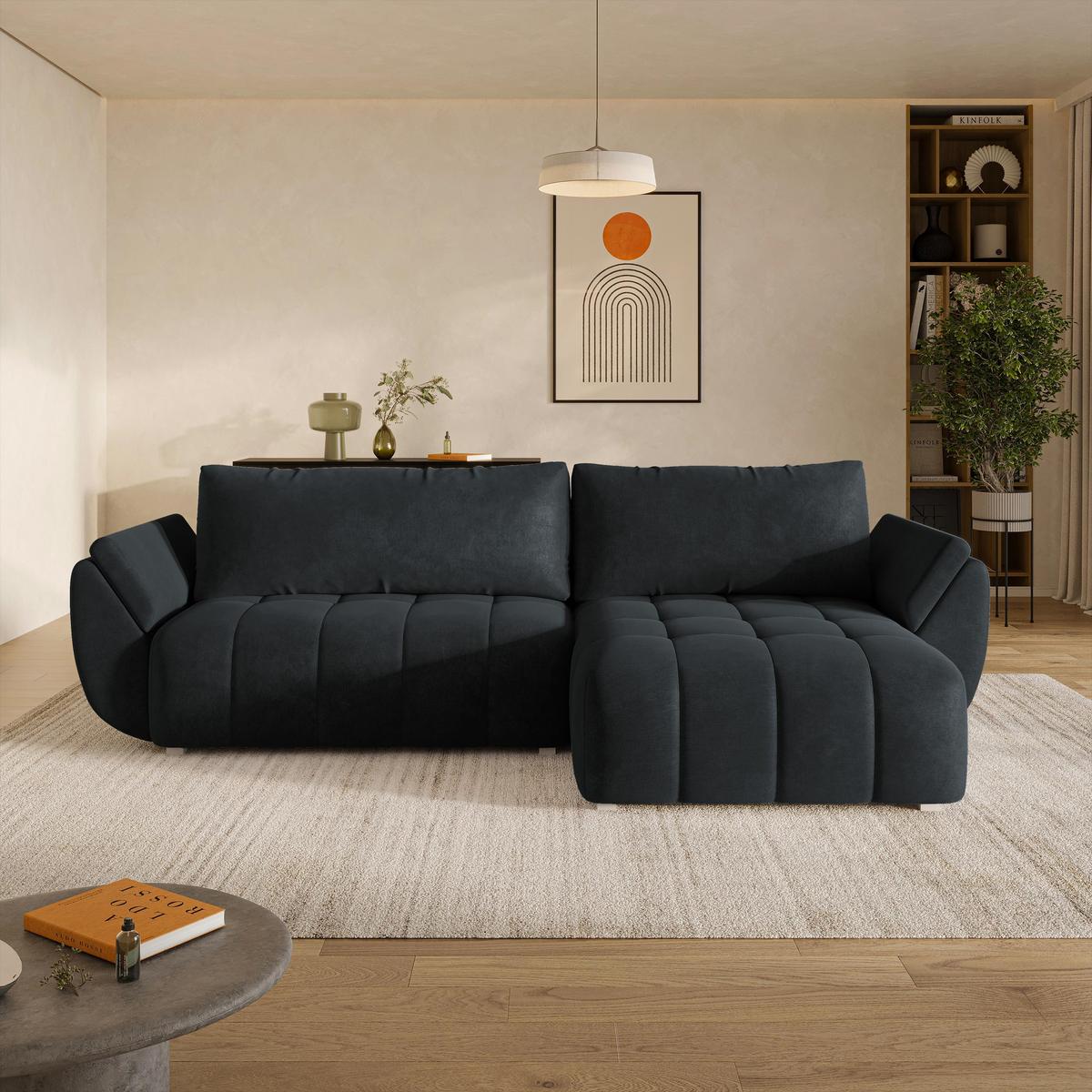 ECKSOFA OLSI Schwarz Velours-Stoff mit Schlaffunktion - Schwarz, Holz (285/148cm) - MASSENO