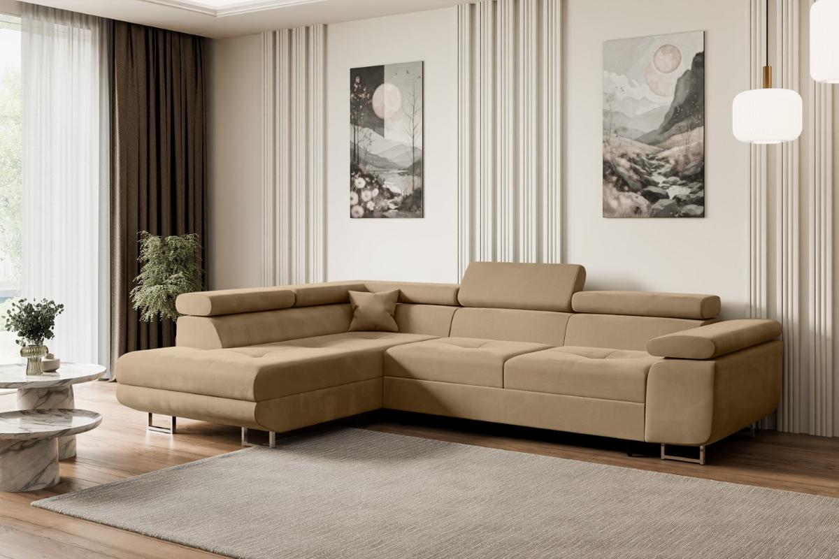 ECKSOFA mit Schlaffunktion und Bettkasten GUSA-L 272x202x107 cm Beige Velours - Beige/Silberfarben, Holzwerkstoff/Textil (202/272cm) - ALTDECOR