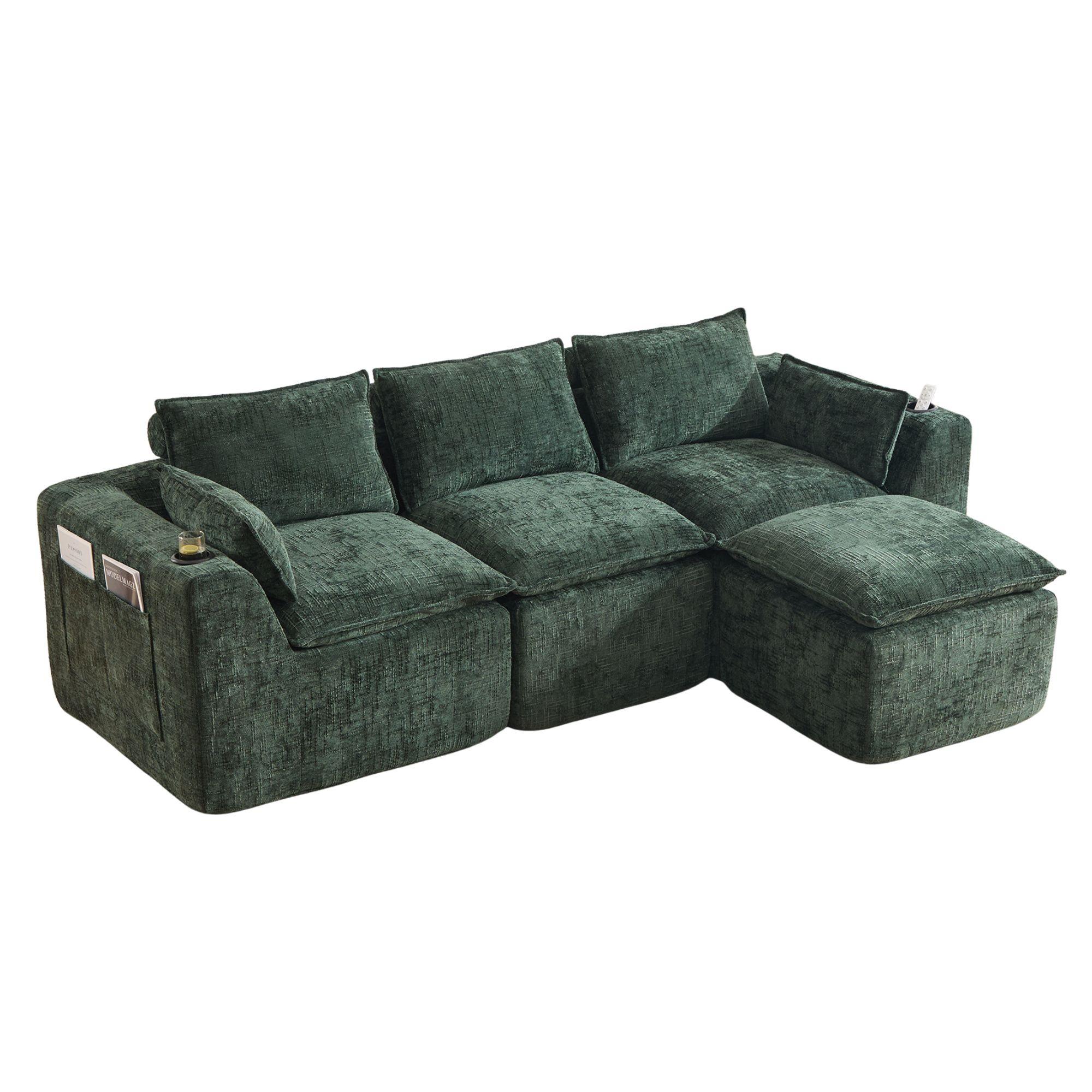 3-SITZER-SOFA aus chenille, mit fußhocker und getränkehalter - Grün, Textil (256/75/161cm) - Urban Meuble