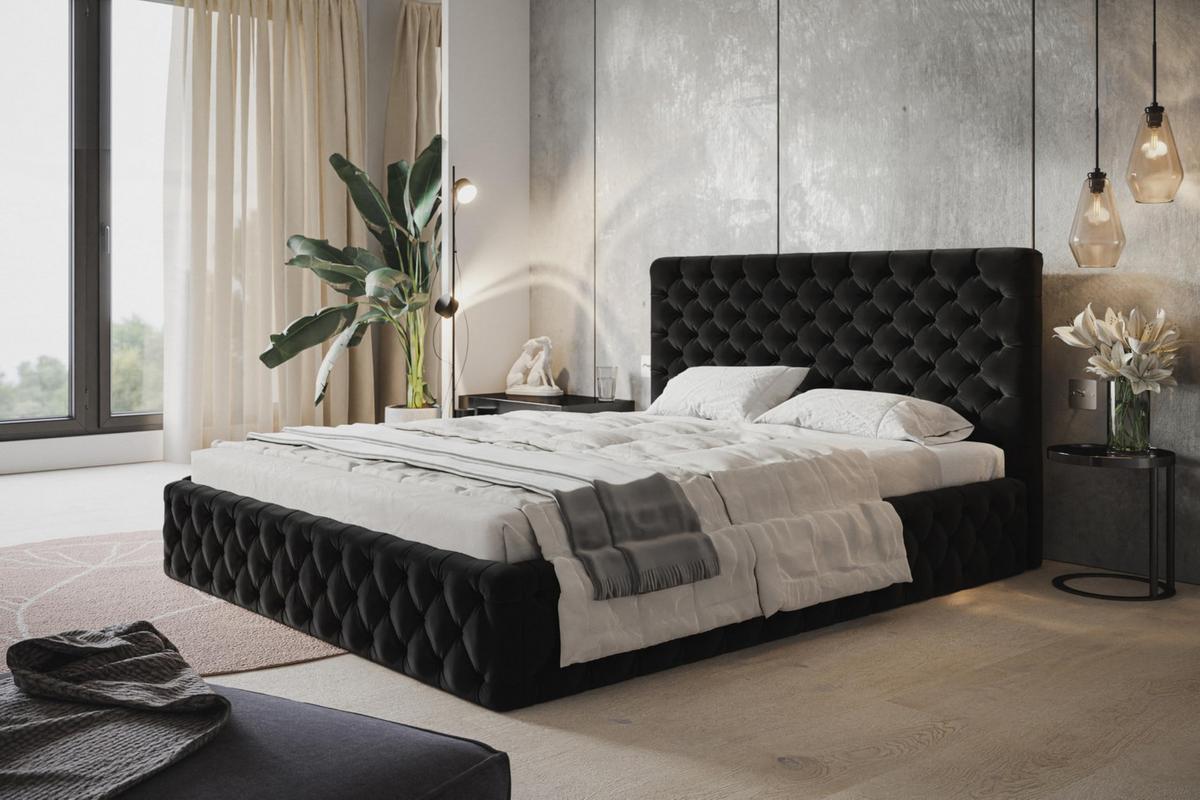 BETT 180x200 - Polsterbett mit Bettkasten und Metallrahmen - Elegant Betten - Weicher Jasminstoff - Kollektion Miami, Schwarz - Schwarz, Holz/Textil (180/200cm) - Alpi-Möbel